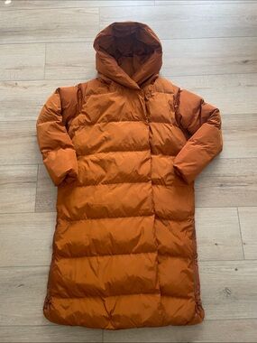 CALIA by Carrie Underwood Long Hooded Puffer Coat in Orange, Women M